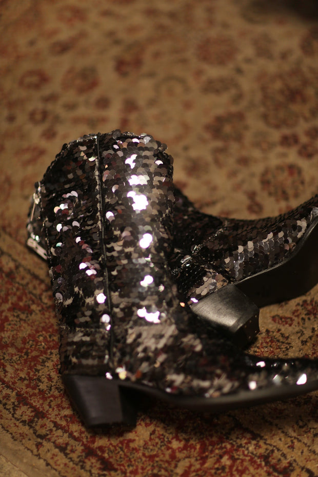 BLACK SEQUIN WESTERN BOOTS LUZINE - sustainably made MOMO NEW YORK sustainable clothing, boots slow fashion