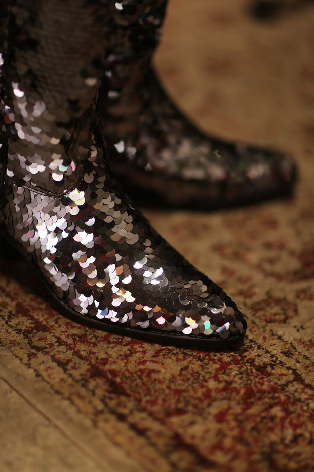 BLACK SEQUIN WESTERN BOOTS LUZINE - sustainably made MOMO NEW YORK sustainable clothing, boots slow fashion