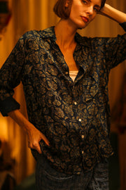 BOYFRIEND BILLIE NAVY BLUE FLOWER - sustainably made MOMO NEW YORK sustainable clothing, boyfrend shirt slow fashion