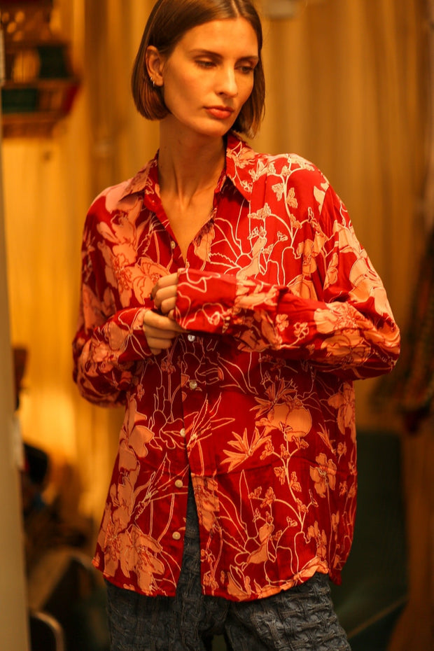 BOYFRIEND BILLIE RED JUNGLE - sustainably made MOMO NEW YORK sustainable clothing, boyfrend shirt slow fashion