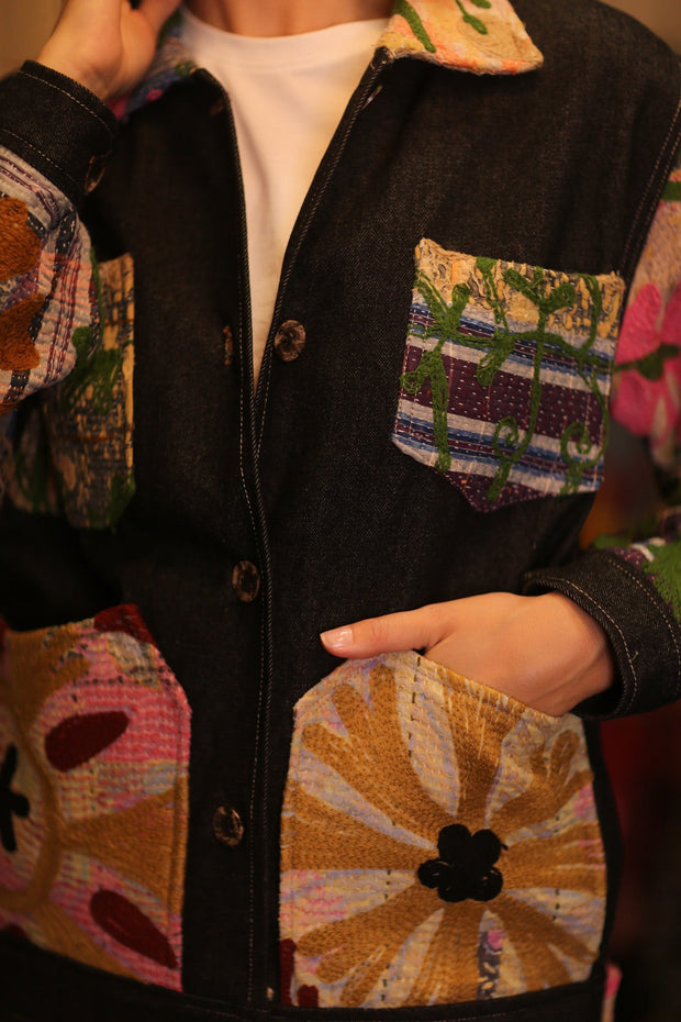 DENIM JACKET PATCHWORK FILAE - sustainably made MOMO NEW YORK sustainable clothing, coatandjacket slow fashion