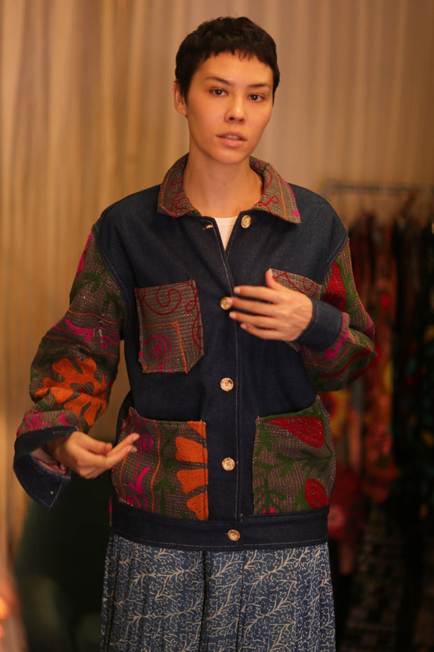DENIM JACKET PATCHWORK MULA - sustainably made MOMO NEW YORK sustainable clothing, coatandjacket slow fashion