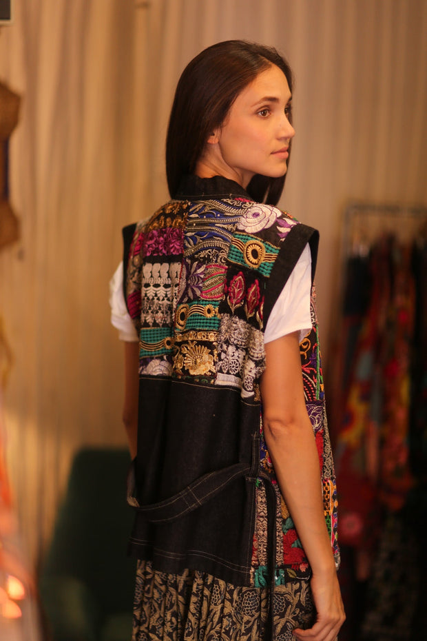 DENIM VEST PATCHWORK HELAE - sustainably made MOMO NEW YORK sustainable clothing, kimono slow fashion