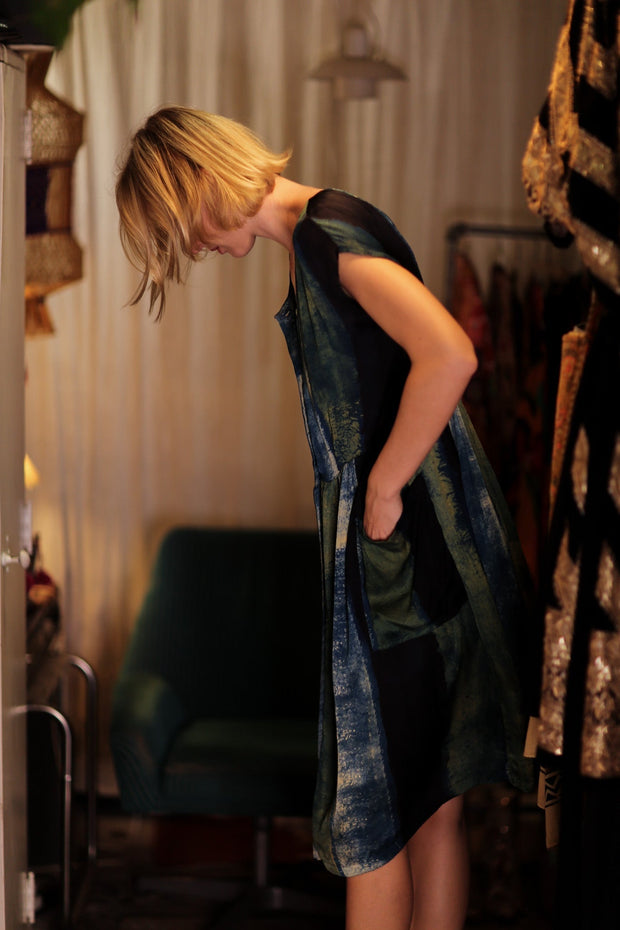 EDITH SILK DRESS BLUE STRIPE - sustainably made MOMO NEW YORK sustainable clothing, Boho Chic Dress slow fashion