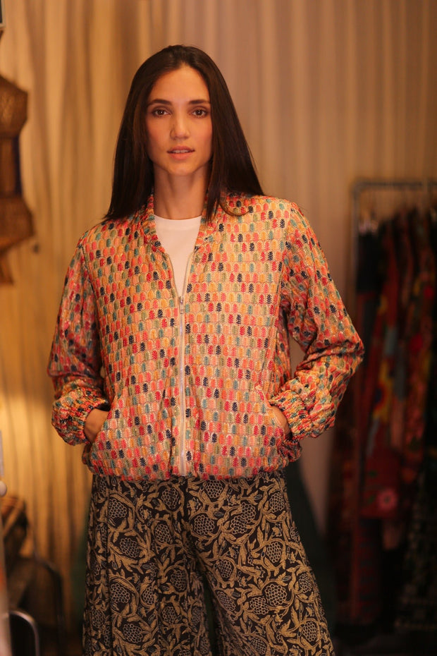 EMBROIDERED SILK BOMBER JACKET ANCHA CASEY - sustainably made MOMO NEW YORK sustainable clothing, bomberjacket slow fashion