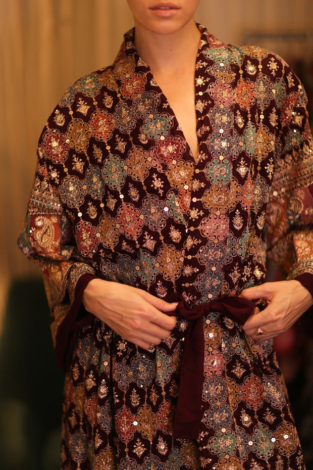 EMBROIDERED SILK RED KIMONO JORI - sustainably made MOMO NEW YORK sustainable clothing, kimono slow fashion