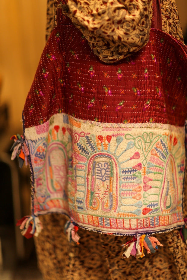 FIONA EMBROIDERED PATCHWORK BAG - sustainably made MOMO NEW YORK sustainable clothing, bag slow fashion