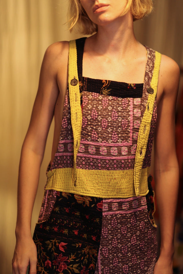 FREYA EMBROIDERED KANTHA DUNGAREES GRAPES - sustainably made MOMO NEW YORK sustainable clothing, embroidered slow fashion