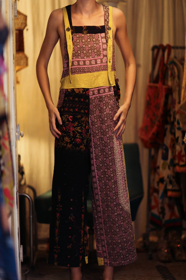 FREYA EMBROIDERED KANTHA DUNGAREES GRAPES - sustainably made MOMO NEW YORK sustainable clothing, embroidered slow fashion