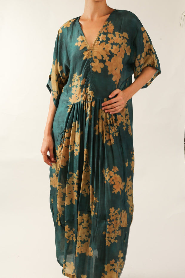 GREEN FLORAL PRINT KAFTAN DRESS GALLERY - sustainably made MOMO NEW YORK sustainable clothing, kafran slow fashion