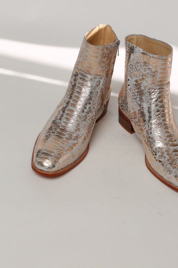 IAN SNAKE PRINT SILVER BOOTS - sustainably made MOMO NEW YORK sustainable clothing, ankle boots slow fashion