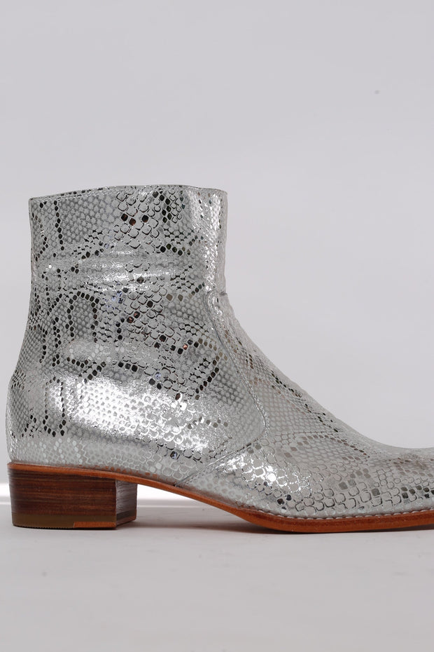 IAN SNAKE PRINT SILVER BOOTS - sustainably made MOMO NEW YORK sustainable clothing, ankle boots slow fashion