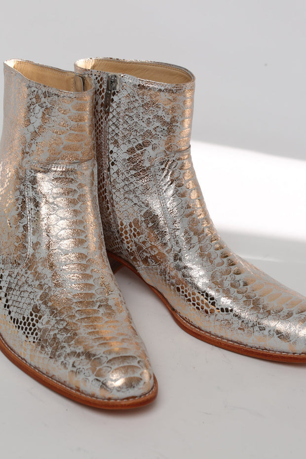 IAN SNAKE PRINT SILVER BOOTS - sustainably made MOMO NEW YORK sustainable clothing, ankle boots slow fashion
