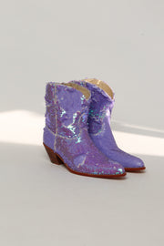 LILAC SEQUINS EMBROIDERED COWBOY ANKLE BOOTS - sustainably made MOMO NEW YORK sustainable clothing, ankle boots slow fashion