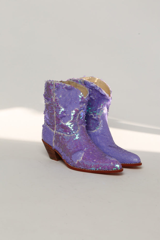 LILAC SEQUINS EMBROIDERED COWBOY ANKLE BOOTS - sustainably made MOMO NEW YORK sustainable clothing, ankle boots slow fashion