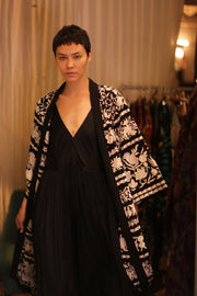 OLA EMBROIDERED SILK LONG KIMONO - sustainably made MOMO NEW YORK sustainable clothing, Embroidered Kimono slow fashion