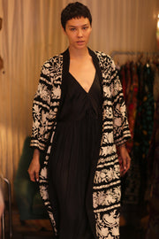 OLA EMBROIDERED SILK LONG KIMONO - sustainably made MOMO NEW YORK sustainable clothing, Embroidered Kimono slow fashion