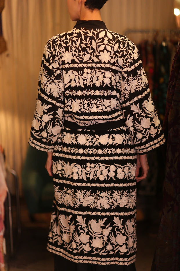 OLA EMBROIDERED SILK LONG KIMONO - sustainably made MOMO NEW YORK sustainable clothing, Embroidered Kimono slow fashion