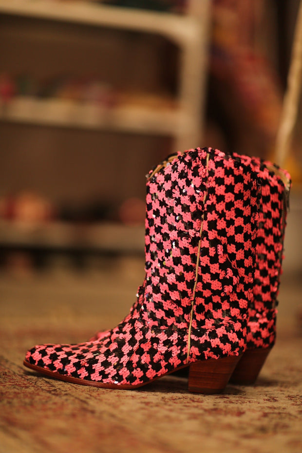 PINK BLACK CHECKERED WESTERN BOOT CRUSU - sustainably made MOMO NEW YORK sustainable clothing, boots slow fashion