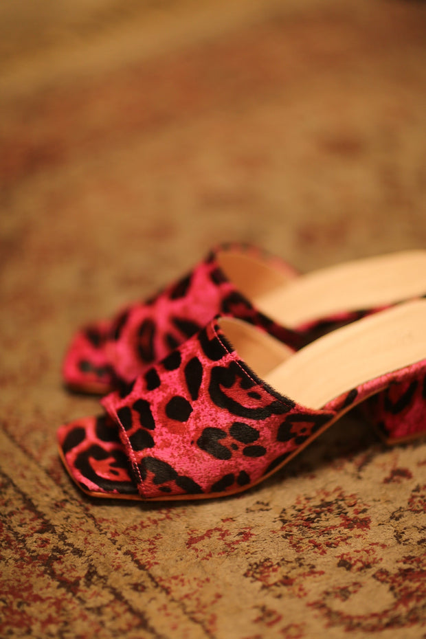 PINK LEO PRINT HEELED MULES - sustainably made MOMO NEW YORK sustainable clothing, slow fashion