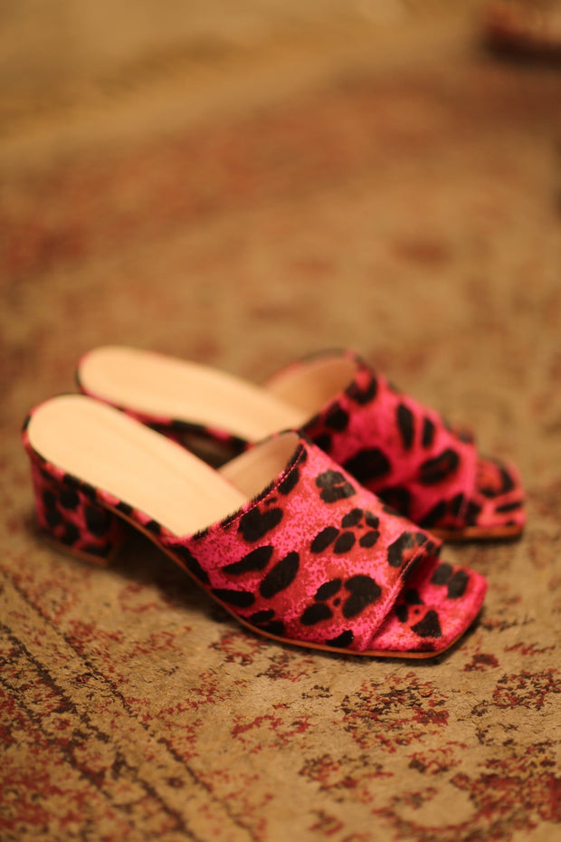 PINK LEO PRINT HEELED MULES - sustainably made MOMO NEW YORK sustainable clothing, slow fashion