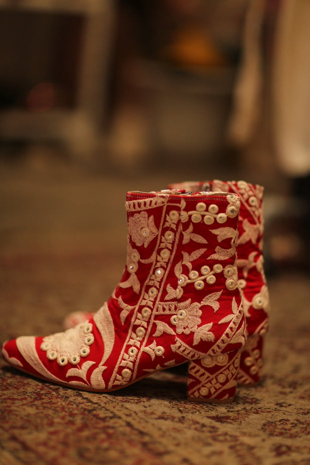 RED EMBROIDERED BOOTS ELLA - sustainably made MOMO NEW YORK sustainable clothing, boots slow fashion