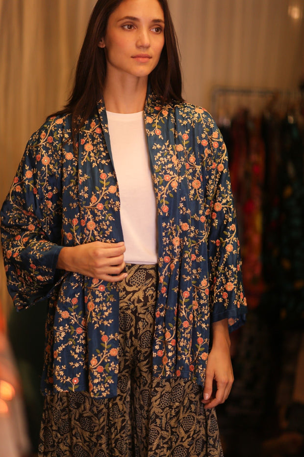 SHORT EMBROIDERED SILK KIMONO ANNA - sustainably made MOMO NEW YORK sustainable clothing, kimono slow fashion