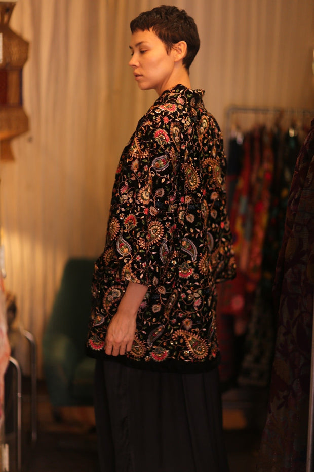SHORT VELVET EMBROIDERED KIMONO MONA BLACK - sustainably made MOMO NEW YORK sustainable clothing, kimono slow fashion