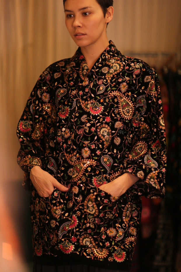 SHORT VELVET EMBROIDERED KIMONO MONA BLACK - sustainably made MOMO NEW YORK sustainable clothing, kimono slow fashion