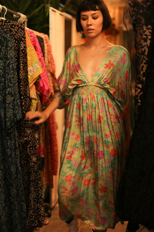 SILk DRESS PINA GREEN FLORAL - sustainably made MOMO NEW YORK sustainable clothing, dress slow fashion