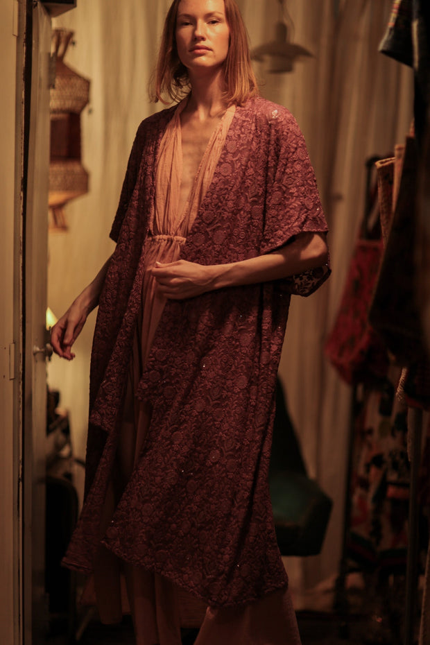 SILK FLORINE LITTLE FLOWERS EMBROIDERED KIMONO - sustainably made MOMO NEW YORK sustainable clothing, embellished slow fashion
