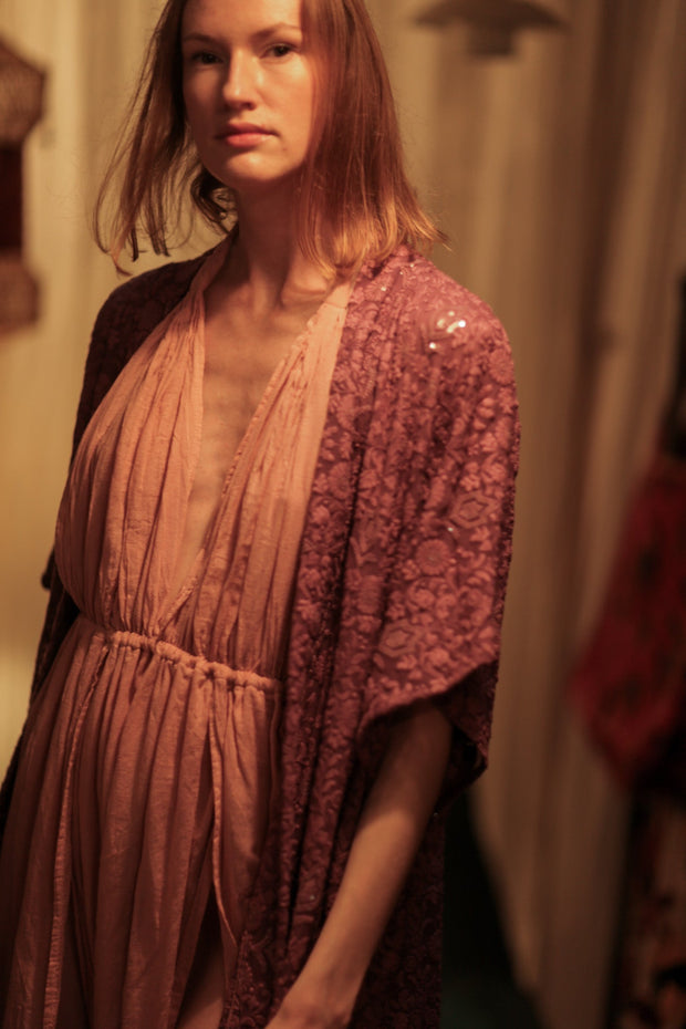 SILK FLORINE LITTLE FLOWERS EMBROIDERED KIMONO - sustainably made MOMO NEW YORK sustainable clothing, embellished slow fashion