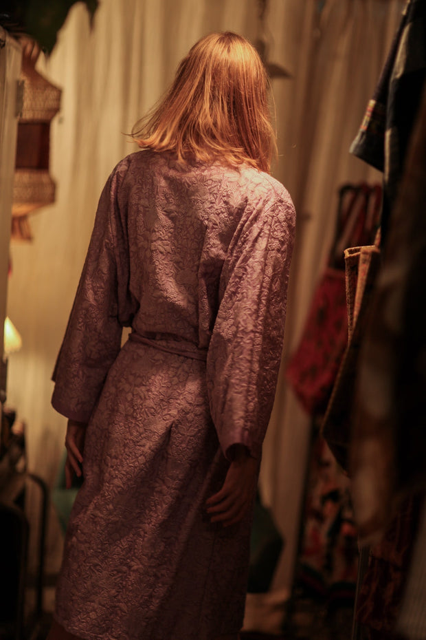 SILK FLORINE LITTLE FLOWERS EMBROIDERED KIMONO LILAC - sustainably made MOMO NEW YORK sustainable clothing, embellished slow fashion