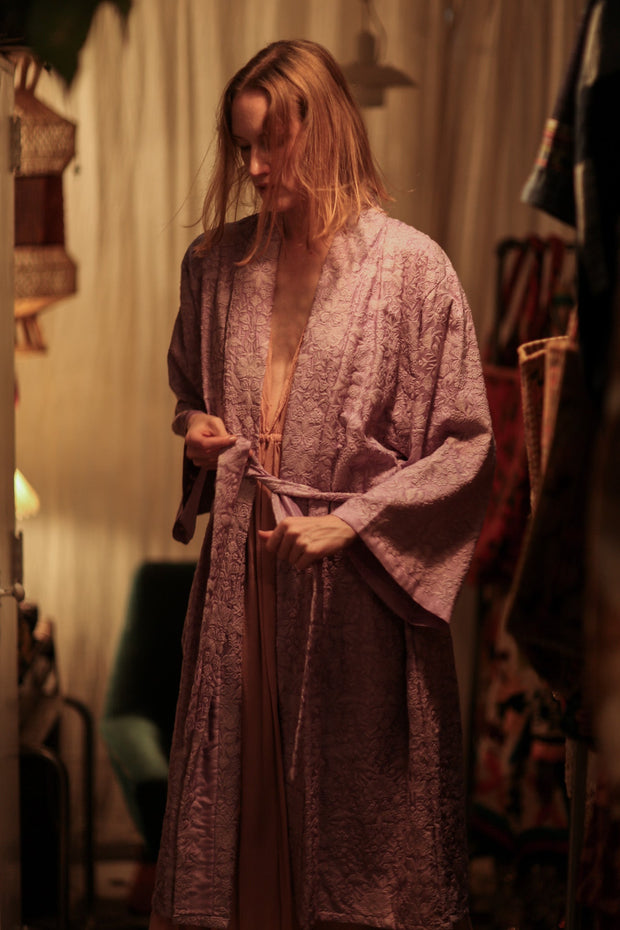 SILK FLORINE LITTLE FLOWERS EMBROIDERED KIMONO LILAC - sustainably made MOMO NEW YORK sustainable clothing, embellished slow fashion