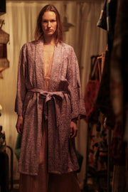 SILK FLORINE LITTLE FLOWERS EMBROIDERED KIMONO LILAC - sustainably made MOMO NEW YORK sustainable clothing, embellished slow fashion