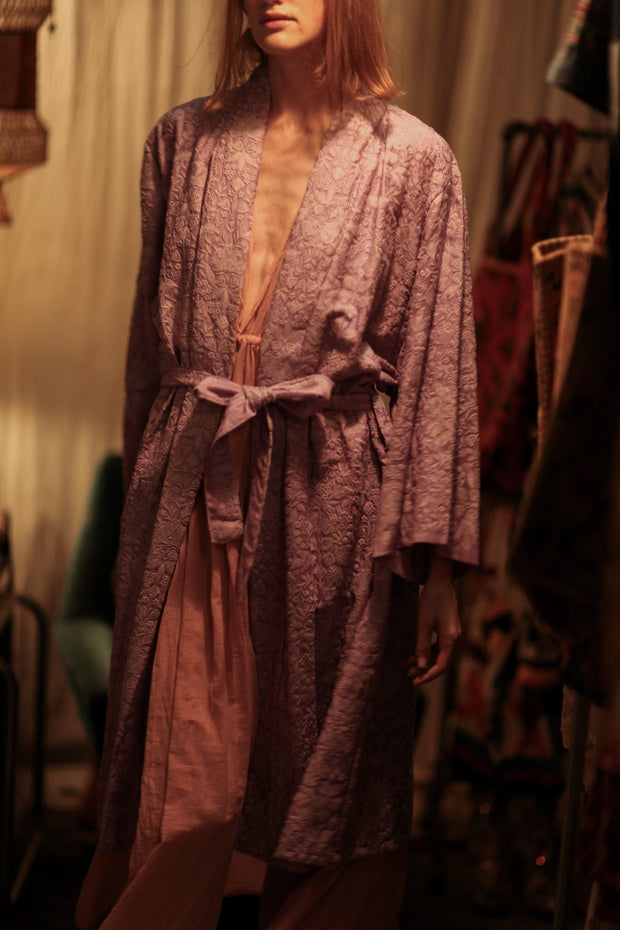 SILK FLORINE LITTLE FLOWERS EMBROIDERED KIMONO LILAC - sustainably made MOMO NEW YORK sustainable clothing, embellished slow fashion