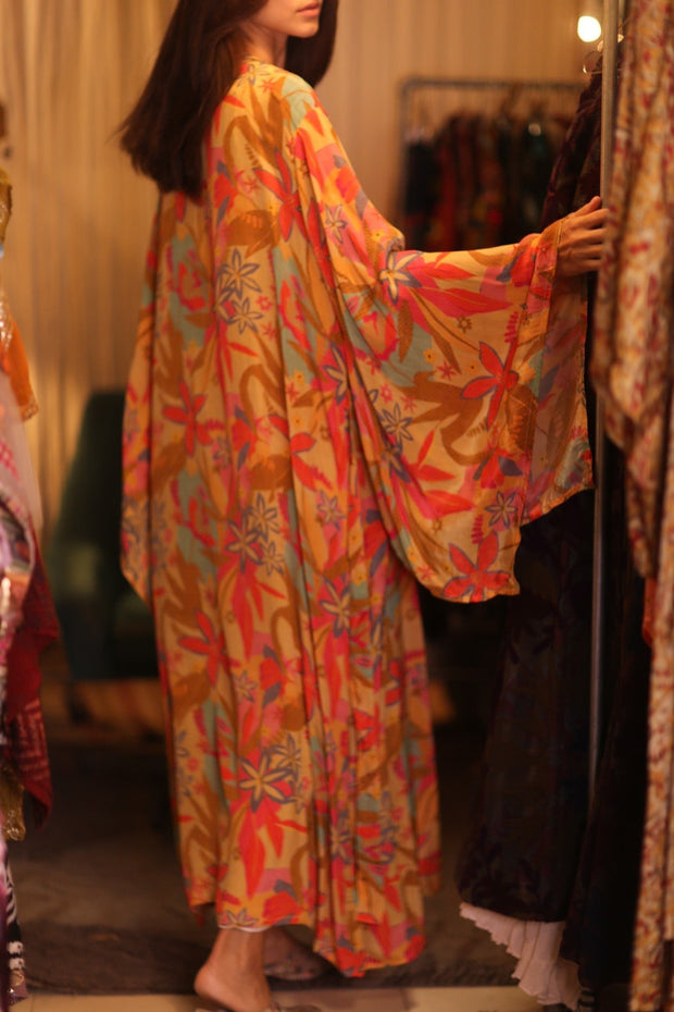 SILK KIMONO PINA ORANGE LEAF - sustainably made MOMO NEW YORK sustainable clothing, handmade slow fashion