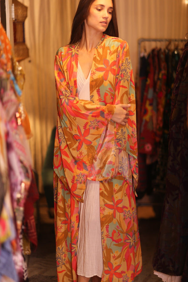 SILK KIMONO PINA ORANGE LEAF - sustainably made MOMO NEW YORK sustainable clothing, handmade slow fashion