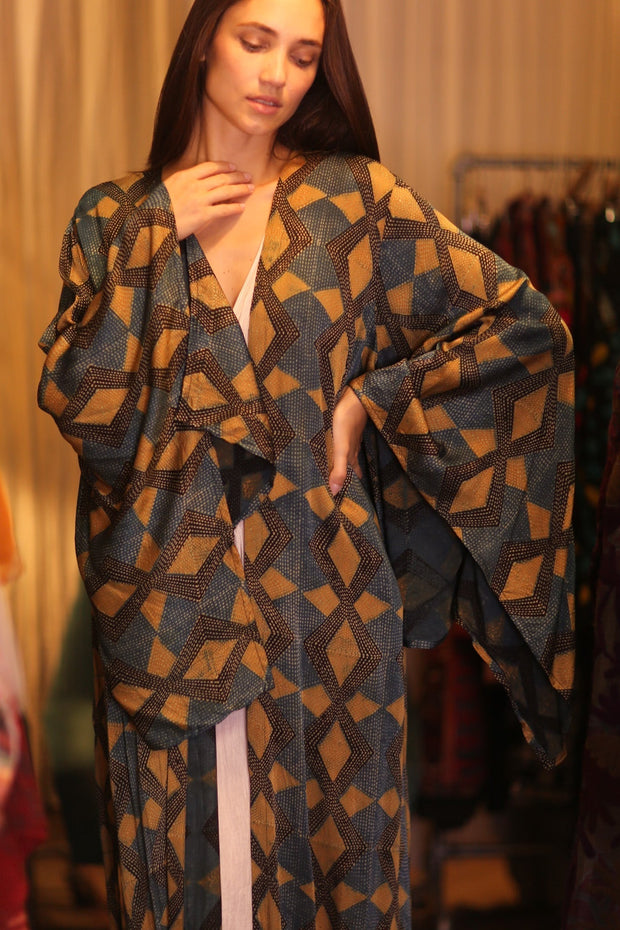SILK WING KIMONO PINA GOLDEN QUADRANGLE - sustainably made MOMO NEW YORK sustainable clothing, handmade slow fashion