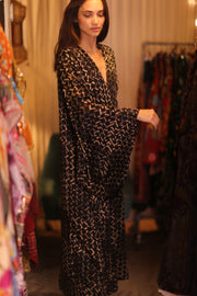 SILK WING KIMONO PINA SILK BROWN GRID - sustainably made MOMO NEW YORK sustainable clothing, handmade slow fashion