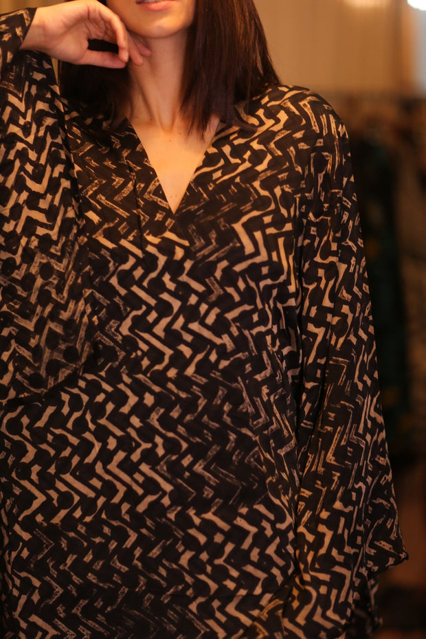 SILK WING KIMONO PINA SILK BROWN GRID - sustainably made MOMO NEW YORK sustainable clothing, handmade slow fashion