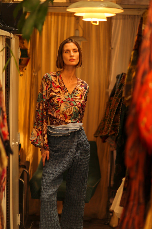 SILK WRAP TOP AURELIA BROWN JUNGLE - sustainably made MOMO NEW YORK sustainable clothing, new slow fashion
