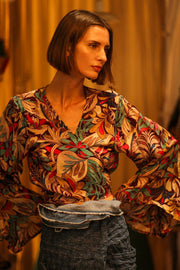 SILK WRAP TOP AURELIA BROWN JUNGLE - sustainably made MOMO NEW YORK sustainable clothing, new slow fashion