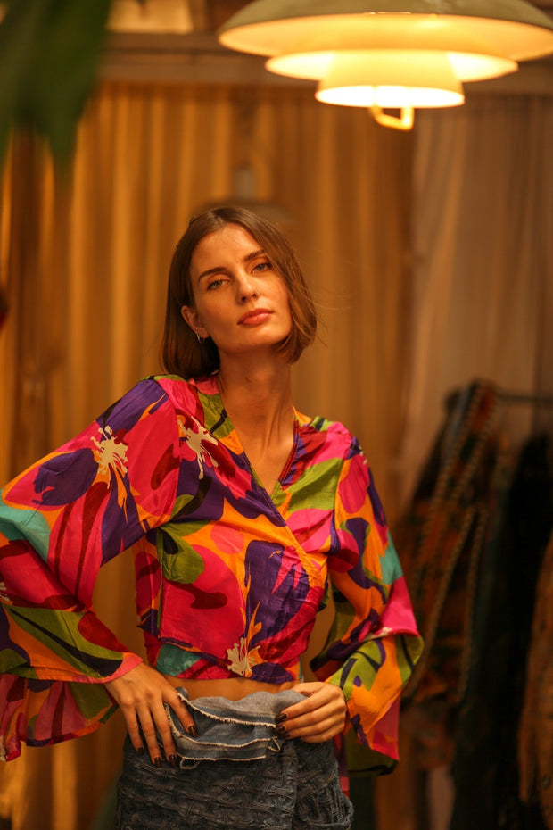 SILK WRAP TOP AURELIA COLORFUL LADY - sustainably made MOMO NEW YORK sustainable clothing, new slow fashion
