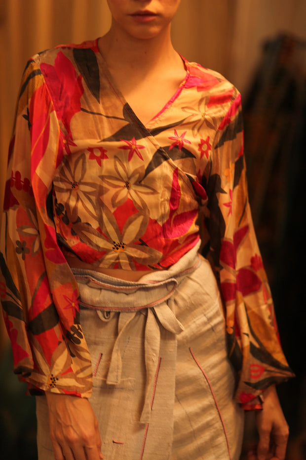 SILK WRAP TOP AURELIA FLOWERS BLOOM - sustainably made MOMO NEW YORK sustainable clothing, new slow fashion