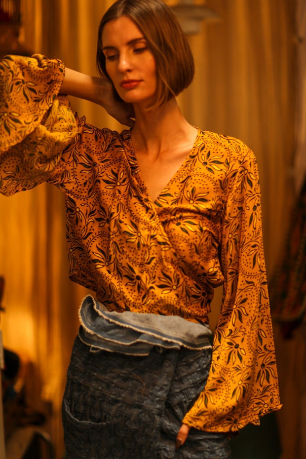 SILK WRAP TOP AURELIA GOLDEN YELLOW - sustainably made MOMO NEW YORK sustainable clothing, new slow fashion