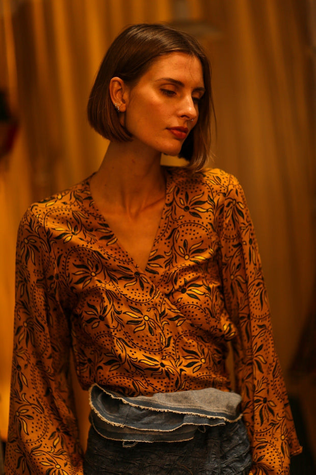 SILK WRAP TOP AURELIA GOLDEN YELLOW - sustainably made MOMO NEW YORK sustainable clothing, new slow fashion