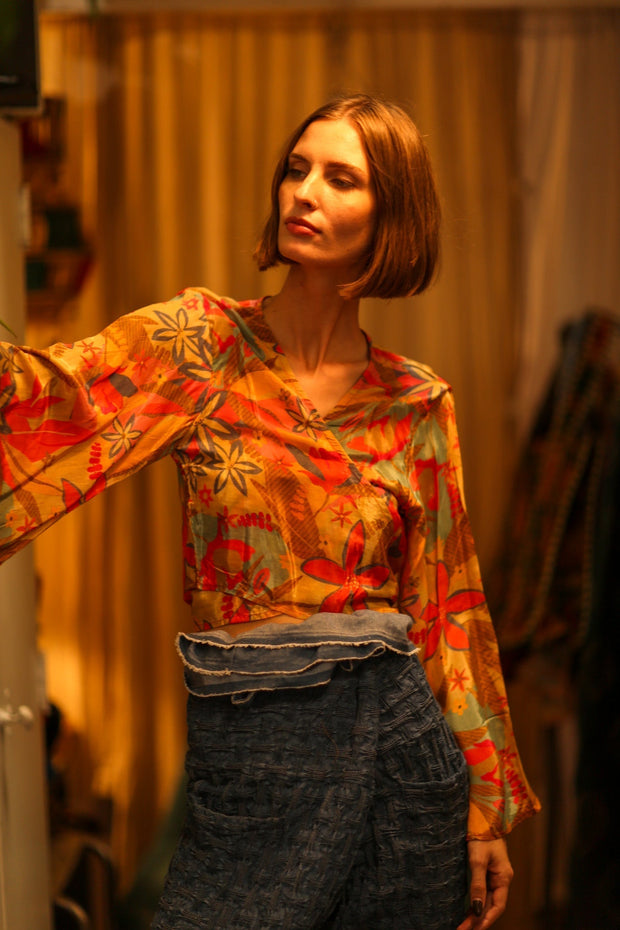 SILK WRAP TOP AURELIA LITTLE FLOWER - sustainably made MOMO NEW YORK sustainable clothing, new slow fashion