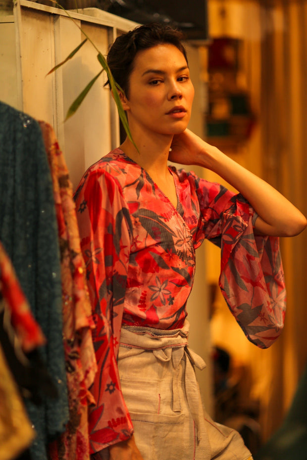 SILK WRAP TOP AURELIA PINK JUNGLE - sustainably made MOMO NEW YORK sustainable clothing, new slow fashion