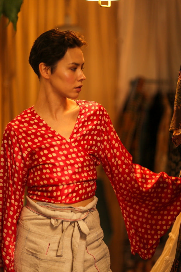 SILK WRAP TOP AURELIA RED DOT - sustainably made MOMO NEW YORK sustainable clothing, new slow fashion